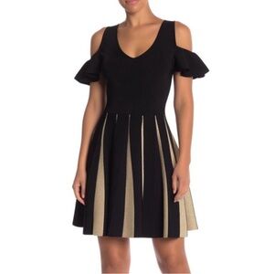 Ted Baker Wytney Black Gold Cold Shoulder Skater Dress  - Size 3 US 8